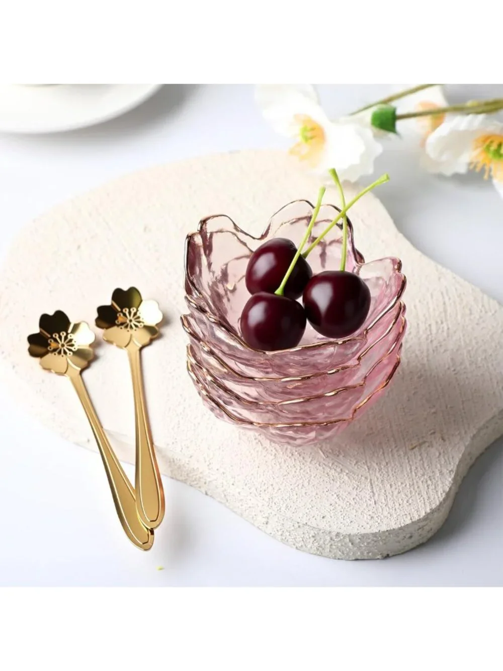 Set of 8 Pink Cherry Blossom Bowls & Flower Spoons - Japanese Crystal Appetizer